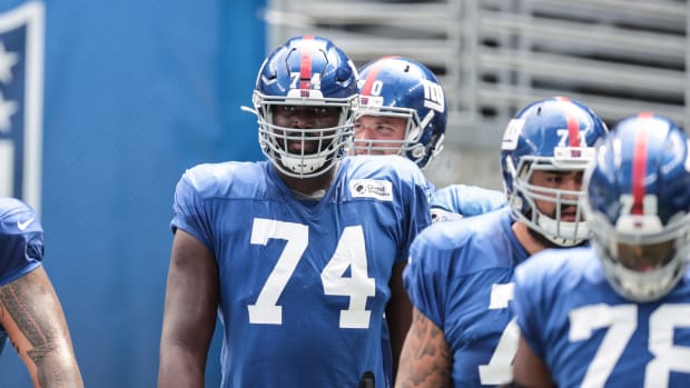 Sep 3, 2020; East Rutherford, New Jersey, USA; New York Giants offensive tackle Matt Peart (74) during the Blue-White Scrimmage at MetLife Stadium.